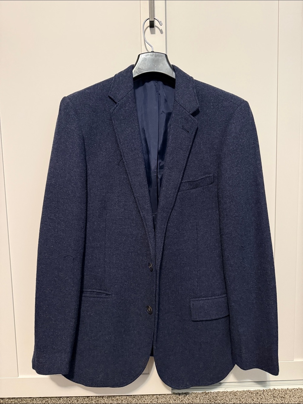 J Crew Tweed Blazer Mens 40R Blue Wool Blend Elbow Patch Two Button Sport Coat